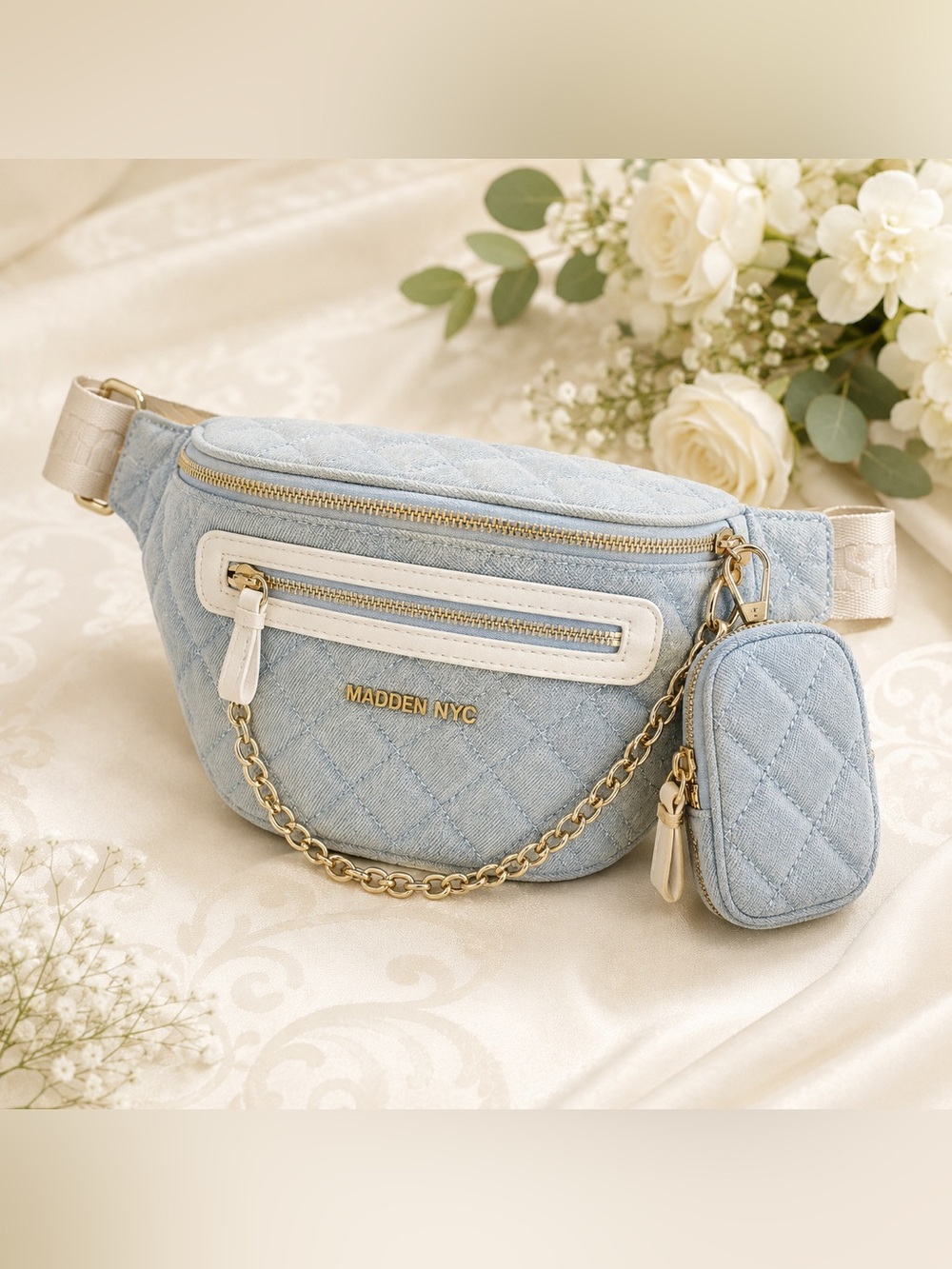Madden NYC Blue Quilted Denim Chain Pocket Fanny Pack NWT